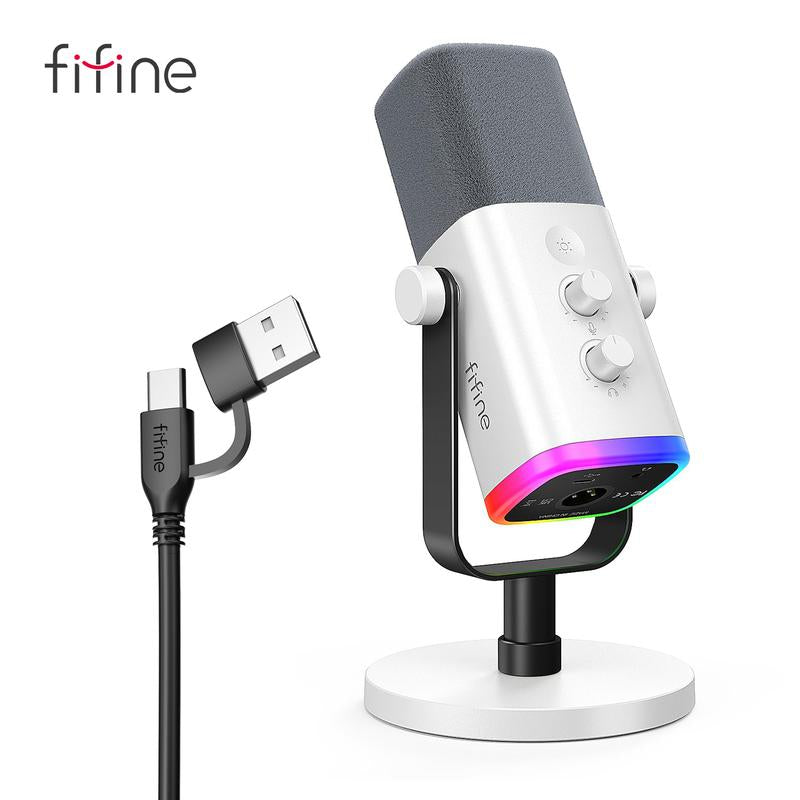 FIFINE AM8 XLR/USB Gaming Microphone for Podcast Recording, Dynamic RGB Microphone with Quick Mute, Headphone Jack, Gain Knob, Volume Control, Desktop Computer Mic for PC Gamer, XLR Mic for Audio Interface Mixer