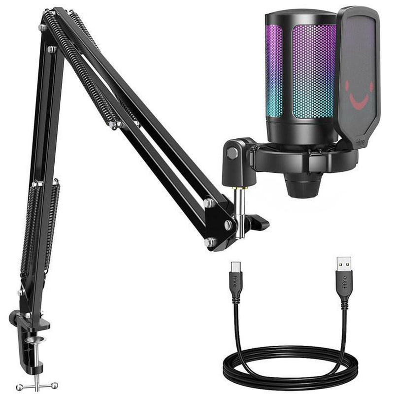 FIFINE AM8 XLR/USB Gaming Microphone for Podcast Recording, Dynamic RGB Microphone with Quick Mute, Headphone Jack, Gain Knob, Volume Control, Desktop Computer Mic for PC Gamer, XLR Mic for Audio Interface Mixer