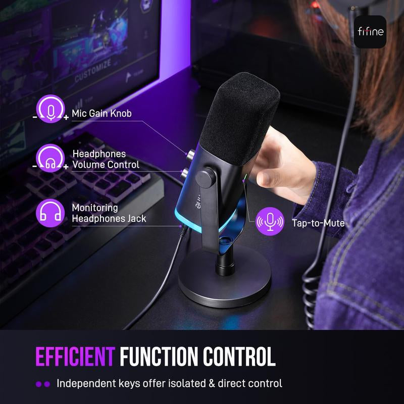 FIFINE AM8 XLR/USB Gaming Microphone for Podcast Recording, Dynamic RGB Microphone with Quick Mute, Headphone Jack, Gain Knob, Volume Control, Desktop Computer Mic for PC Gamer, XLR Mic for Audio Interface Mixer