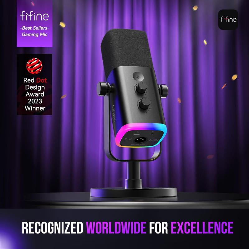 FIFINE AM8 XLR/USB Gaming Microphone for Podcast Recording, Dynamic RGB Microphone with Quick Mute, Headphone Jack, Gain Knob, Volume Control, Desktop Computer Mic for PC Gamer, XLR Mic for Audio Interface Mixer